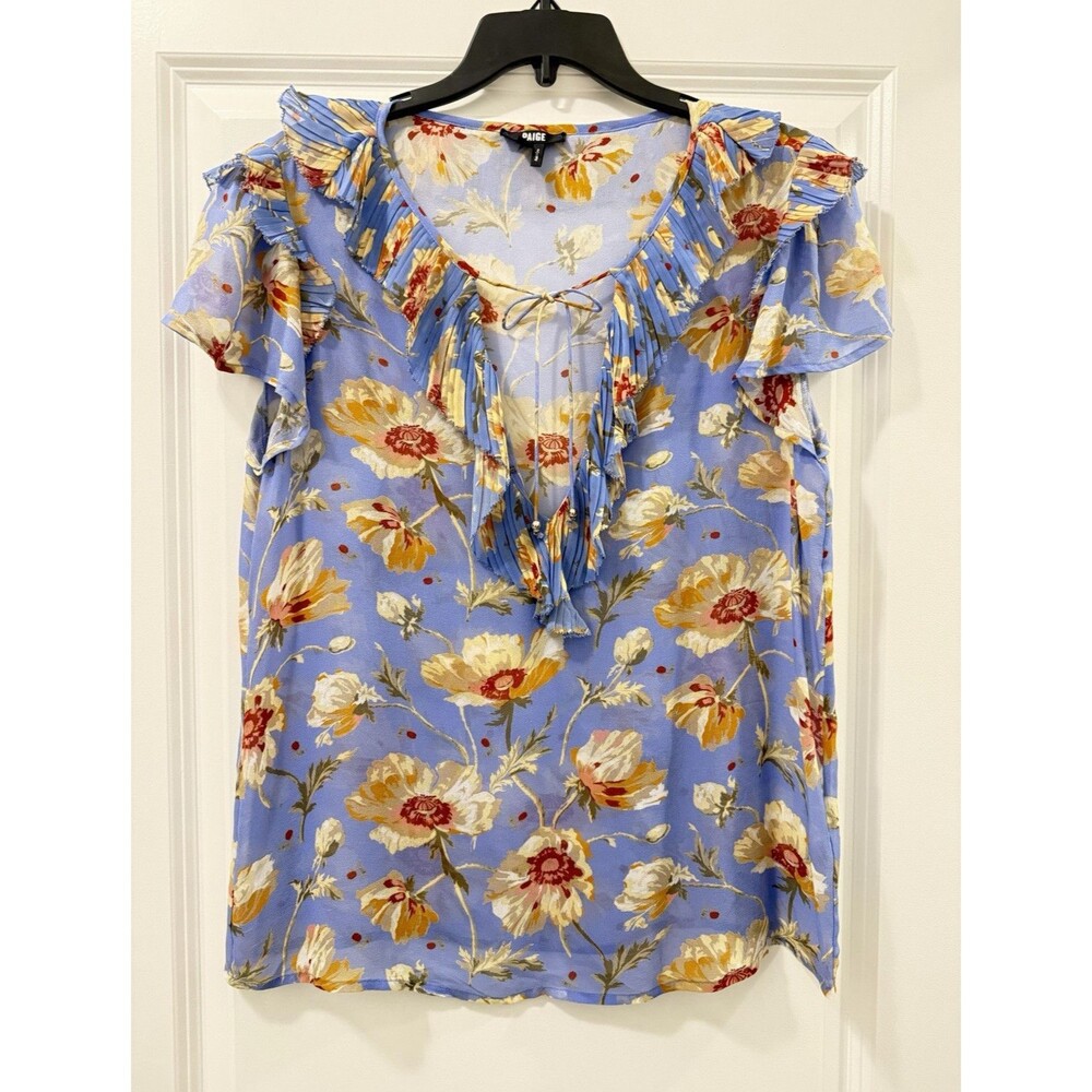 PAIGE Caruso Blouse M 100% Silk Floral Ruffle Pleated Blue Boho Tie Neck Top